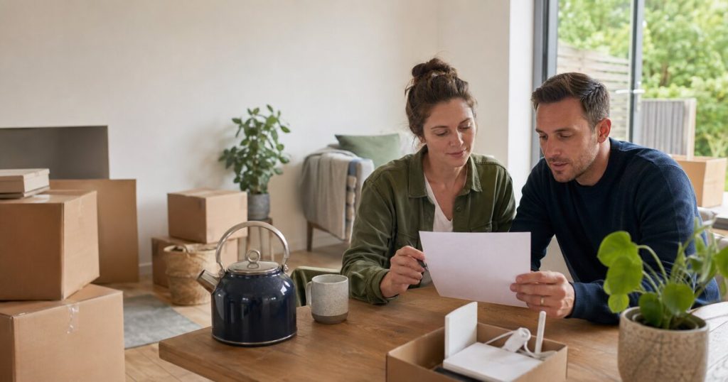 Couple organising household services after moving into a UK home
