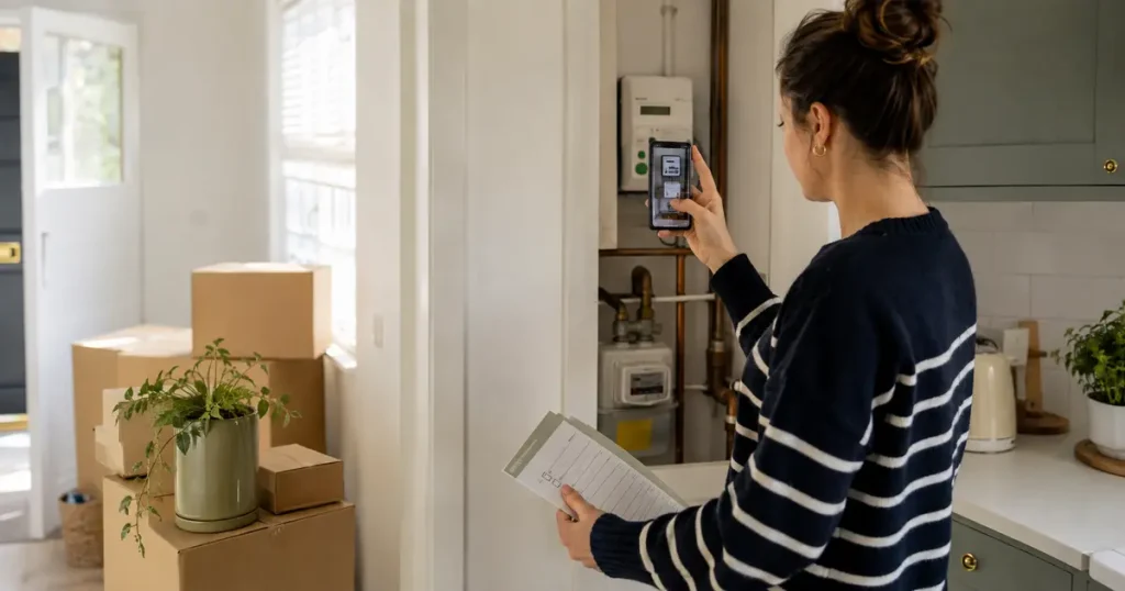 New UK homeowner photographing gas and electricity meter readings on moving day