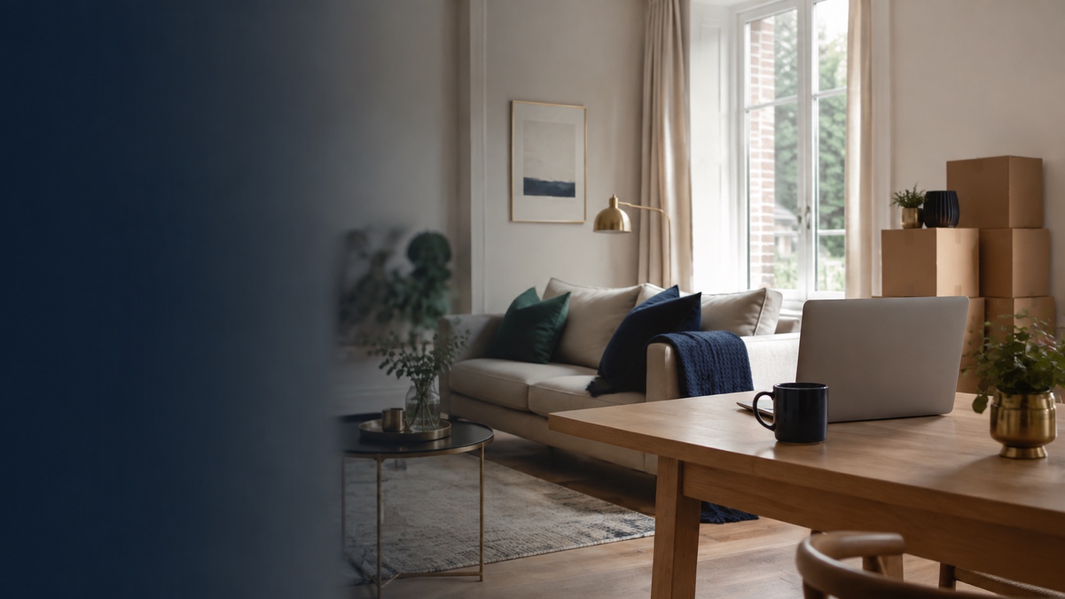 Bright British living room in a recently moved-into home, with packed boxes and a laptop ready to organise household energy.